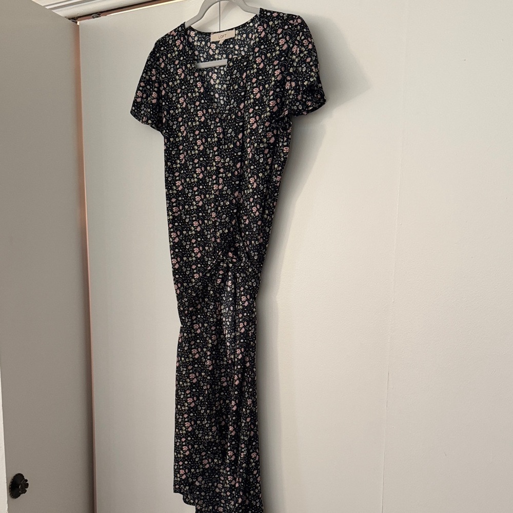 LOFT Black Floral Midi Dress